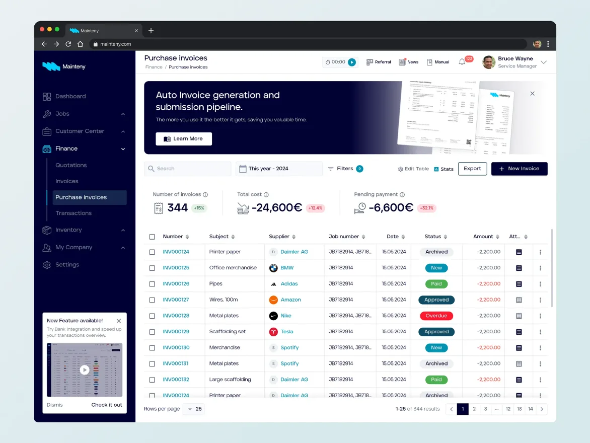 Mainteny’s purchase invoices screen in a browser window