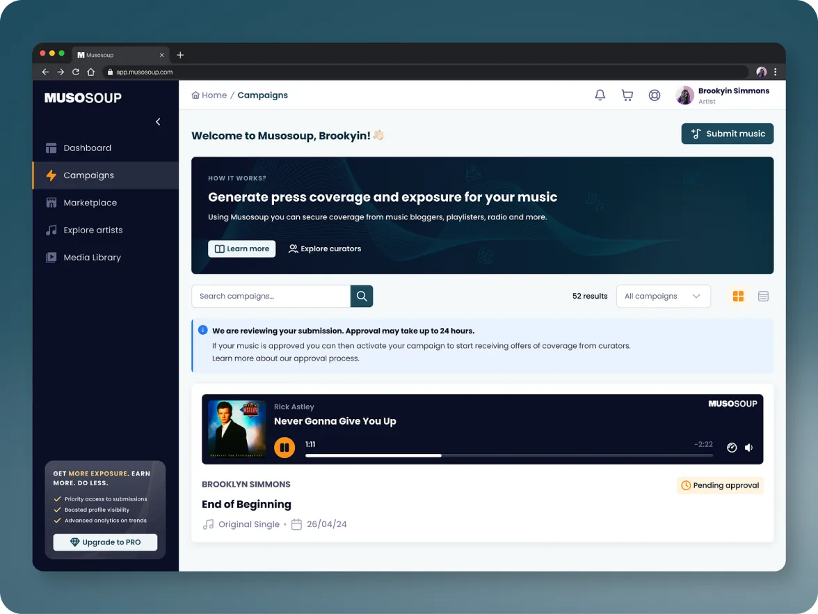 Campaigns screen: a track pending approval, with a how-it-works banner