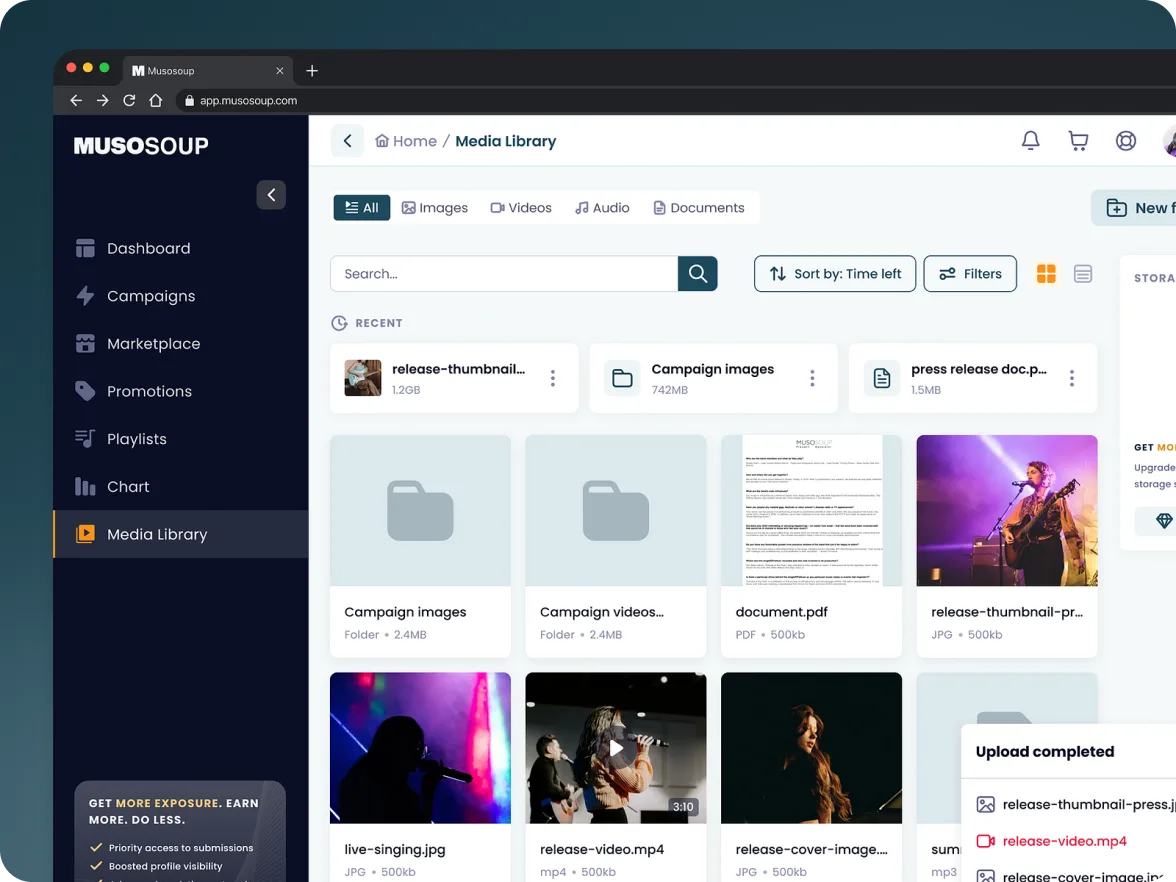 Media library: folders, images and videos, with an upload panel